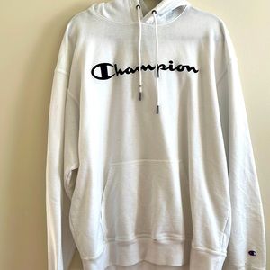 Champion hoody size XL, white with black lettering and grey inside hood